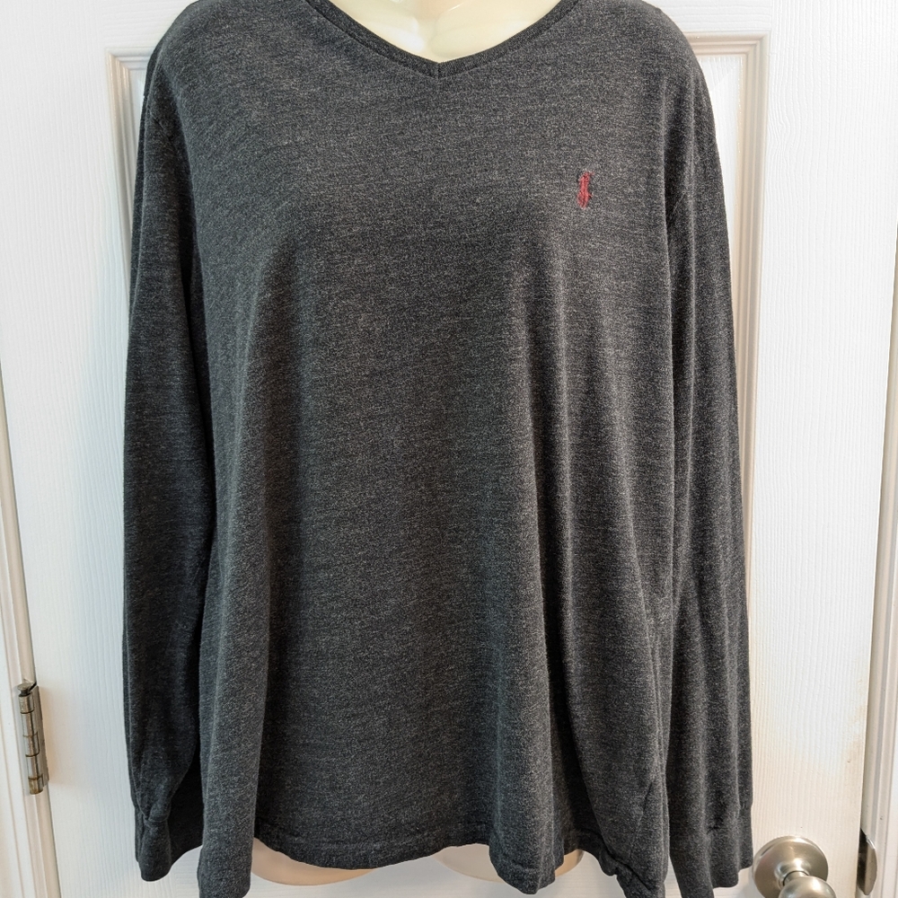 Men's Ralph Lauren Classic Polo Dark Gray V-Neck 100% Cotton Shirt Long Sleeves